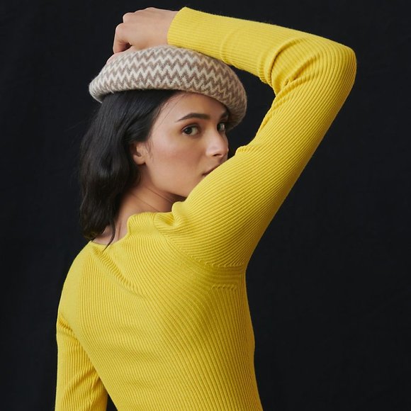Anthropologie Citron Yellow Sweetheart Neckline Knit Long Sleeve Sweater size L - Picture 2 of 16